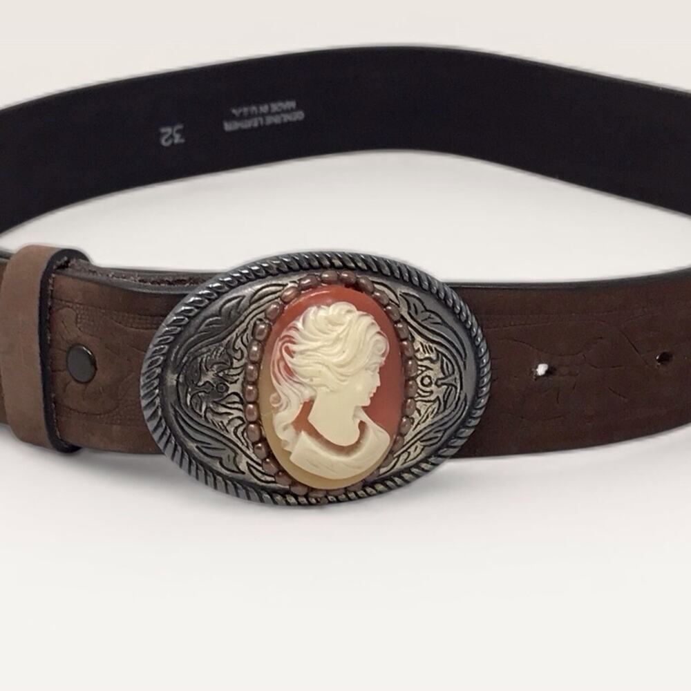 Vintage Cameo Buckle Leather Belt Floral Embossed Brown By Funkie Junk